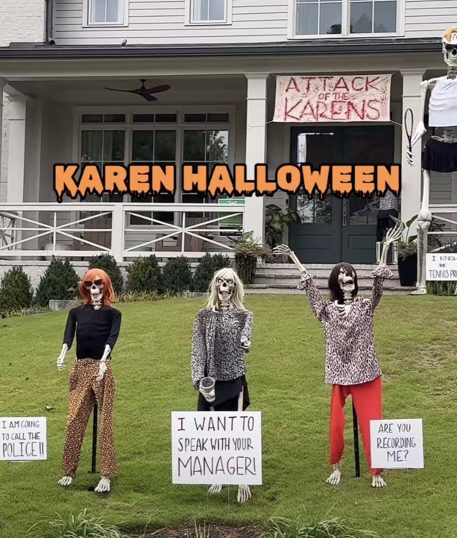 An image of mannequins in a front yard with various signs in front of them like “let me speak to the manager”
