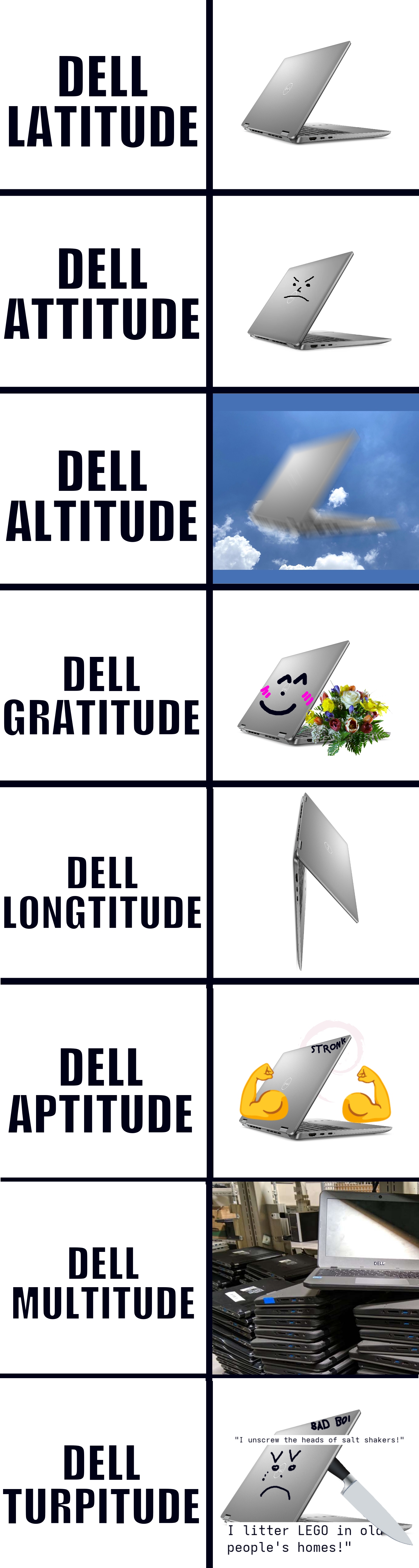 A meme with lots of panels about laptops. 1: Dell Latitude. Just a laptop. 2: Dell Attitude. Laptop with angry face. 3: Dell Altitude. Laptop falling from the sky. 4: Dell Gratitude. A happy smiling laptop with a bouque. 5: Dell Longtitude. Laptop standing on its side being very long. 6: Dell Aptitude. Laptop with two huge biceps and a text saying "stronk". There also is a Debian logo barely visible. 7: Dell Multitude. A huge pile of laptops. The word "Dell" is put over the laptop logo. 8: Dell Turpitude. An angry laptop with a knife behind its back and the text "bad boi" on its lit. It also has those tear tattoo on its eye. Two text say "I unscrew the heads of salt shakers" and "I littter Lego in old people's homes".