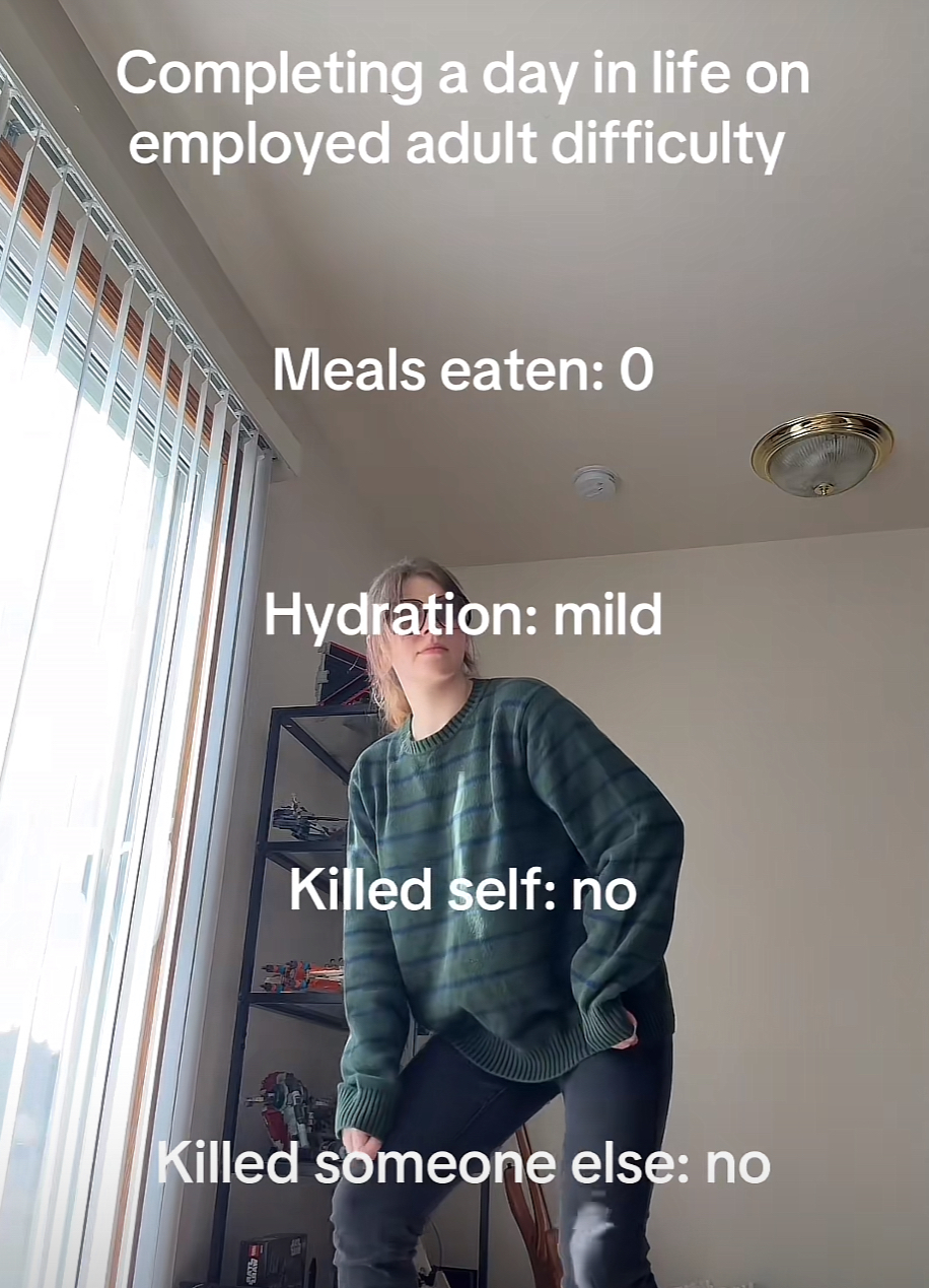 Completing a day in life on employed adult difficulty:

Meals eaten: 0
Hydration: mild
Killed self: no
Killed someone else: no