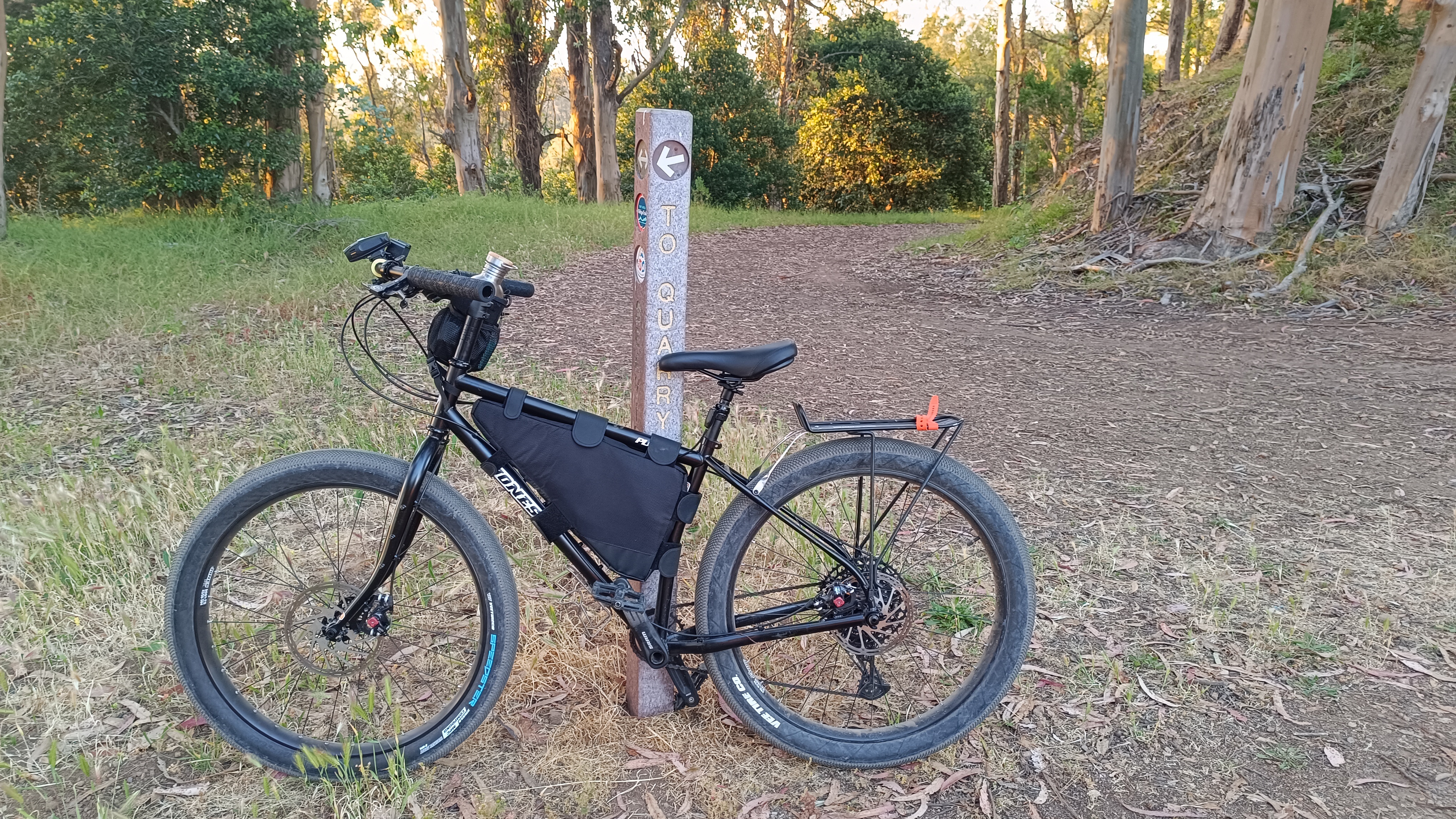 Black bicyle leaning on a trail signpost in a forest
