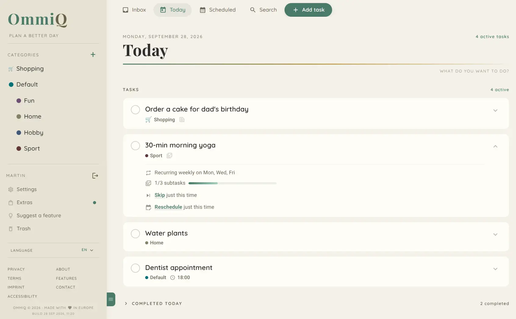 OmmiQ - a day planner alternative to Todoist, Microsoft To Do and Google Tasks