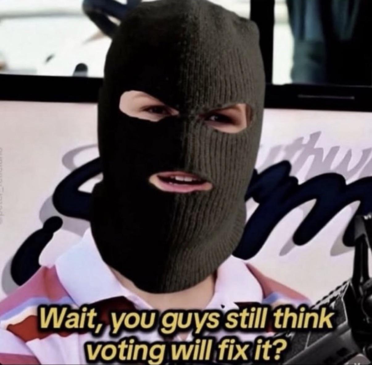 Wait, you guys still think voting will fix it? meme of confused kid with balaclava on. 