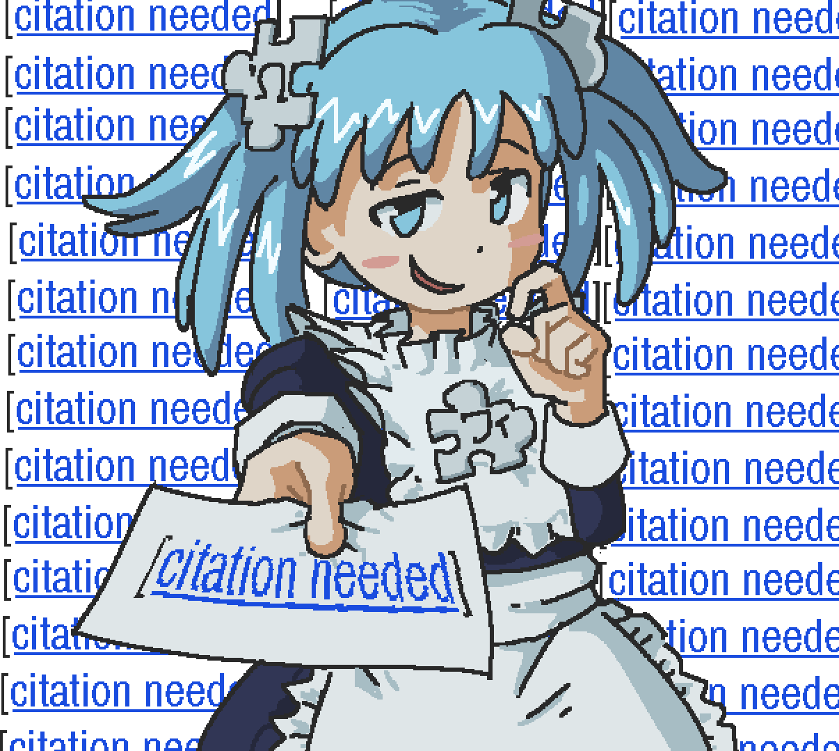 wikipe-tan with a smug expression, holding a slip of paper that says "[citation needed]"