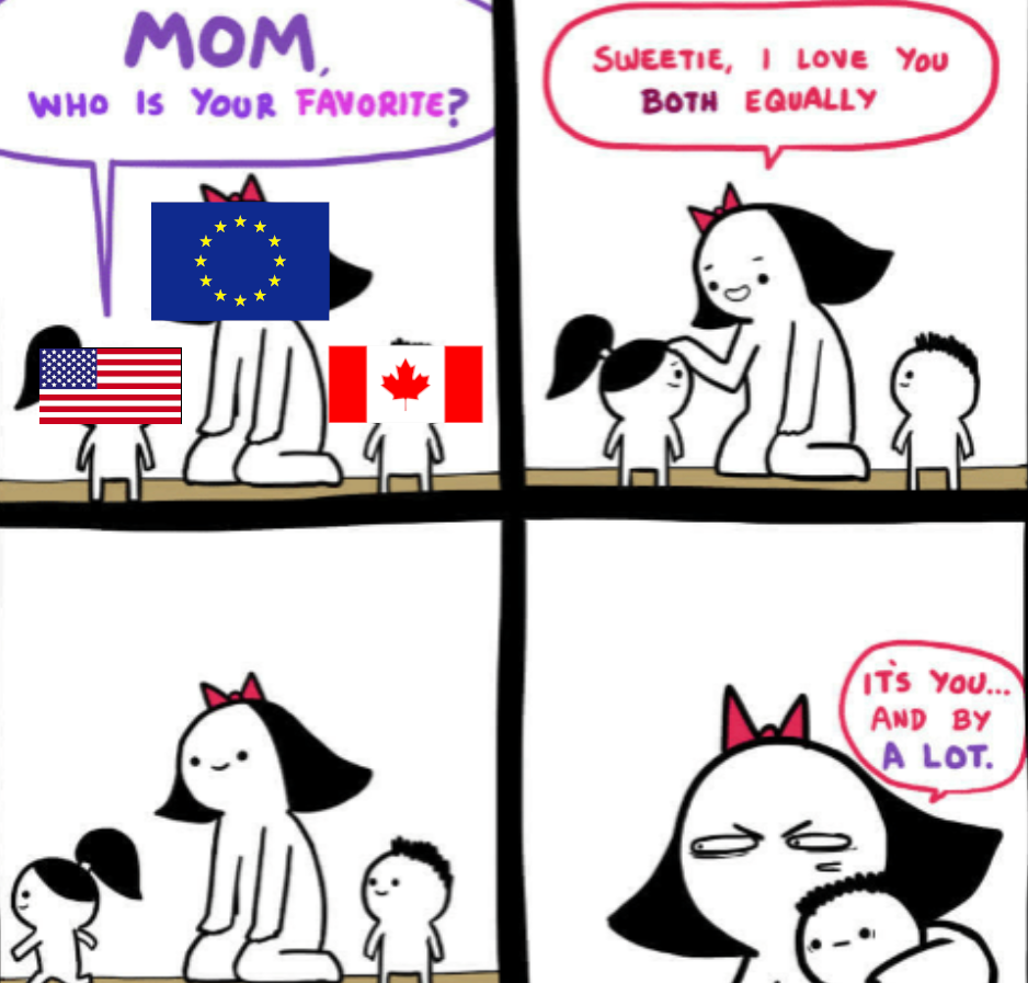 Kid USA: Mom who is your favorite? Mom Europe: Sweetie I love you both equally. USA walks away. Europe pulls Canada close by: It's you and by a lot.